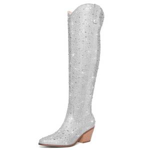 lot 5368 image: RONILURN Women Rhinestone Over the Knee Cowboy Boots, Sparkly Bling Cowgirl Boots Western Thigh High Boots Pull-On Side Zippers Chunky Heel Pointed Toe For Fashion&Daily
