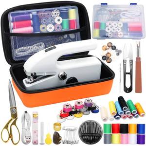 lot 5370 image: Hand Held Sewing Machine for Adults & Beginners, with Orange Leather Storage Case and 112 PCS Sewing Kit, Portable Mini Hand Sewing Machine, Assorted Needles, Threads, Heavy Duty Scissors