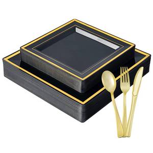 lot 5385 image: JOLLY CHEF 25 Guests Plastic Plates Set Gold Disposable Dinnerware Set