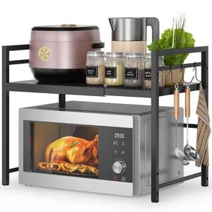 lot 5388 image: DOLALIKE Microwave Oven Rack, Expandable Microwave Stand Countertop Kitchen Utensils Tableware Storage, Carbon Steel Over Microwave Shelf Countertop with 3 Hooks