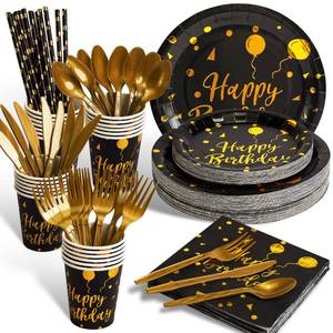 lot 5410 image: 200 pieces of black and gold birthday party supplies, disposable happy birthday tableware set, gold plastic knives, forks, spoons, straws. Birthday themed tray, cup,25Guests (black)
