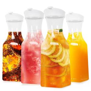 lot 5437 image: Set of 4 Plastic Carafe with Lid, 1 Liter Mimosa Bar Supplies, Large Square Base Juice Containers, Water Bottle, Milk Container, Clear Beverage Containers for Fridge - HAND WASH ONLY