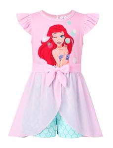 lot 10005 image: Disney Princess Little Mermaid Ariel Toddler Girl Romper With Tulle Skirt Overlay Pink Bubble Print Ruffle Sleeve Tie Waist Bow Summer Jumpsuit 3-4T