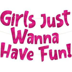 lot 10061 image: Pre-Strung Girls Just Wanna Have Fun Neon Pink Glitter Banner - Bachelorette Party Decorations for Her - Party Supplies, Favors and Gifts