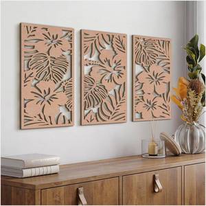 lot 10068 image: VIYYIEA Boho Solid Wood Carved Wall Art Set of 3, Geometric Minimalist Wooden Home Decor Panels, Handcrafted Solid Wood Wall Hanging for Living Room Bedroom Hallway, 16 x 8 Inch Each (Geometry II)