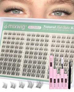 lot 10071 image: Short Lash Clusters Kit 8-12MM Natural Lash Extension kit Invisible Band Eyelash Clusters Wispy Cluster Eyelash Extensions C Curly DIY Cluster Lashes Bond and Seal Tweezers by Lvmixwig