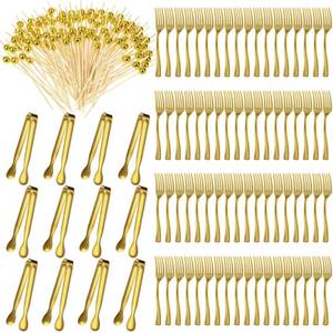 lot 10081 image: Therwen 184 Pcs Gold Serving Utensil Set Mini Fork Toothpick Tong for Party