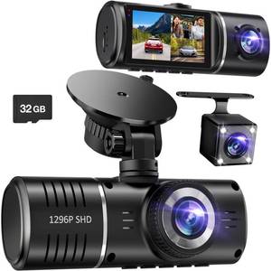 lot 10100 image: Dash Cam Front and Rear, 1296P Dash Camera for Cars, 3 Channel Car Camera Front Rear and Inside with 32GB Card, Loop Recording, Night Vision, HDR, 24Hr Parking, G-Sensor