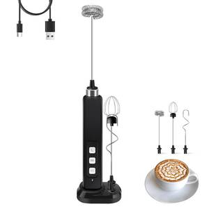 lot 10133 image: Rechargeable Milk Frother Handheld with 3 Detachable Stainless Whisks, 3 Speed Adjustable Drink Mixer, Mini Frother Wand for Coffee, Matcha, Protein Shakes, with Charging Base and Whisk Storage