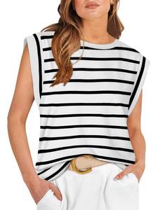 lot 10139 image: Womens Summer Tops Cap Sleeve Spring Tops for Women Fashion 2026 Trendy Business Casual Tank Top Summer Outfits Black and White Striped T Shirt Cute Beach Vacation Clothes Plus Size Tops XL