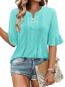 lot 10151 image: Magritta Womens Dressy Casual Blouse Solid Pleated Tshirts 34 Ruffle Sleeve Tops Comfy Fit Beach V Neck Tees Fashion Business Shirts Water Green XX-Large