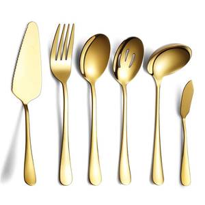 lot 10152 image: 6-Piece Gold Serving Flatware Set - Stainless Steel Utensil Set, Includes Cake Server, Slotted Spoon, Serving Spoon, Meat Fork, Butter Knife, Soup Ladle