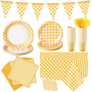 lot 13927 image: Preboun Gingham Party Supplies Set for 24 Guests, Yellow