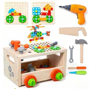 lot 13989 image: Brownroot Wooden Toddler Tool Bench with Electric Drill