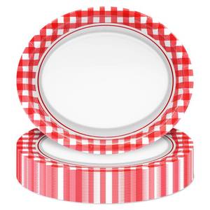 lot 14257 image: PhyLence Red Gingham Oval Paper Plates 9 x 11 50-Pc