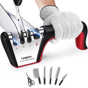 lot 14325 image: Longzon 4-Stage Knife Sharpener with Cut-Resistant Glove