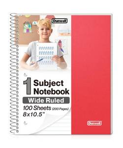 lot 14404 image: Dunwell 1-Subject Notebook 8x10.5, Wide Ruled, 200 Pages, Red
