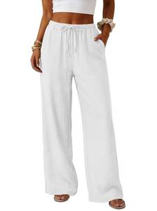 lot 14411 image: Lepunuo White Wide Leg Palazzo Pants for Women Summer Drawstring Elastic Waist Trousers Loose Fit Lounge Pants with Pockets