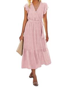 lot 14414 image: BTFBM Women Summer Casual Wrap V Neck Ruffle Cap Sleeve Belted Midi Dress (size S)