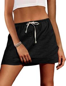 lot 14445 image: EsheSy Womens Cotton Linen Mini Skirts Drawcord Waist Short A-Line Skirts with Pockets(Black-S)