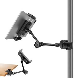 lot 14450 image: JCWINY Tablet Holder for Mic Stand, Adjustable iPad Mic Stand Mount, Tablet Holder with Clamp Mount for Pole Desk Kitchen Cabinet, Compatible with 4.7 to 12.9 iPad, iPhone, Android Smartphones