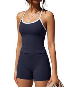 lot 14451 image: SUUKSESS Women 2 Piece Workout Sets High Waisted Tummy Control Biker Shorts Halter Padded Tank Tops Racerback Sports Bras (size S)