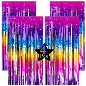 lot 14465 image: 4 Pack Sparkly Neon Rainbow Foil Fringe Curtain Backdrop, Party Decorations