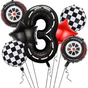 lot 14472 image: Race Car Balloons,40 Inch Racetrack Number 3 Balloon,Big Number Balloons Black for 0st Birthday Race Car Theme Party Decor Supplies 7 Pcs