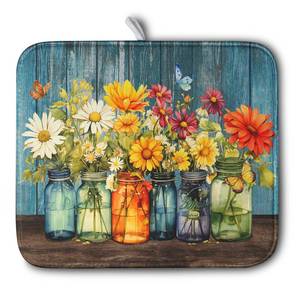 lot 14477 image: Daisy Dish Drying Mat for Kitchen Counter 16x18 Inch Rustic Vintage Flower Vases Drying Mats Microfiber Absorbent Dishes Drainer Mats Farmhouse Floral Wooden Board Dish Rack Pad