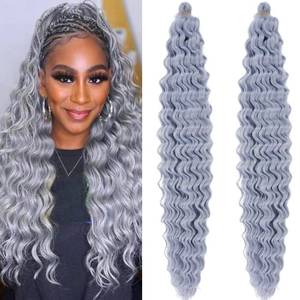 lot 14494 image: Gray Curly Wavy Braiding Hair Deep Water Wave Crochet Hair Ocean Wave Braiding Hair Pre Stretched 24 Inch 2 Packs Boho Curls Hair for Braiding Synthetic Bohemian Crochet Braids