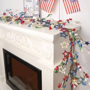 lot 19140 image: DR.DUDU 4th of July 250th 6ft Garland with Timer, Independence Day Decor Lighted Vine Branch Garland Patriotic Red White Blue Star Ornaments and LED Twigs for Mantel Fireplace