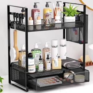 lot 19170 image: VITVITI 2 Tier Bathroom Organizer Countertop with Drawer, Metal Mesh Bathroom Counter Vanity Organizer Storage, Bath Room Sink Kitchen Spice Rack with Basket Hooks, Black