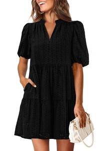 lot 20087 image: KIRUNDO Eyelet Summer Dresses for Women 2026 Mini Casual Hollow Out Short Sleeve Lace Tiered V Neck Shift Dress Pockets(Black, Small)