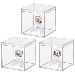 lot 20104 image: 3 Pack Championship Ring Display Case Clear Acrylic Display Case Mini Football Baseball Softball Ring Holder Display Box Single Coin Stand 1 Slot Ring Hole Storage Box for Sports Fans, 2.16 Inch (Lids Cracked)