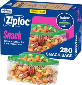 lot 20126 image: Ziploc Snack Bags, Food Storage, Easy Open & Close, 280 Count (Open Box, May Be Missing Pieces)