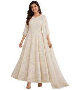 lot 20130 image: ANUYA Women Chikankari Anarkali Kurti Set �� 100% Cotton Embroidered Indian Dress for Wedding, Festival & Parties (US, Alpha, X-Large, Regular, Regular, White)