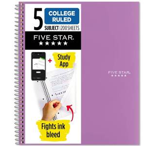 lot 20142 image: Five Star Spiral Notebook  Study App, 5 Subject, College Ruled Paper, 8-12 x 11, 200 Sheets, Fights Ink Bleed, Water Resistant Cover, Amethyst Purple (38748)