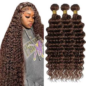 lot 20150 image: CUEAKOUE Chocolate Brown Human Hair Bundles Deep Wave Bundles Human Hair 30 32 34 Inch 12A Unprocessed Brazilian Virgin Hair 3 Bundles Human Hair Extensions For Black Women #4 Color 150g Total
