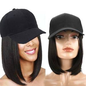 lot 20172 image: iLUU Short BOB Wig Cap Blended Synthetic Hair Extensions With Baseball Cap 9inch Bobo Hat with Hairpiece Cap and Hair Extensions For Women Gilrs - Natural Black Hair and Black Hat for Daily Use