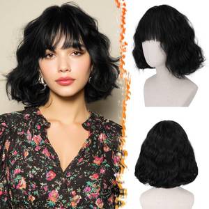 lot 20203 image: BARSDAR Short Wavy Black Wig with Bangs - Short Black Wavy Wigs for Women - Soft Synthetic Textured Curly Chic French Bob Wig with Face-Framing Bangs Natural Looking Daily Party Halloween