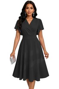 lot 20207 image: ZonJie Black-CK Summer Casual Dress for Women V Neck Ruffle Short Sleeve A Line Swing Flared Cocktail Party Midi Dress with Pocket,6404 Black-CK_Large
