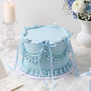 lot 7225 image: Remerry 6 Inch Blue Round Fake Cake Blue Bow Birthday Fake Cake Decor