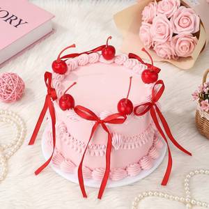 lot 7226 image: Shappy Pink Bow Fake Cake Coquettish Fake Birthday Cake with Realistic Cherries Topper and Bows Cherry Prop Cakes for Photoshoot Reusable Dessert Props Decor for Women Wedding Birthday Anniversary
