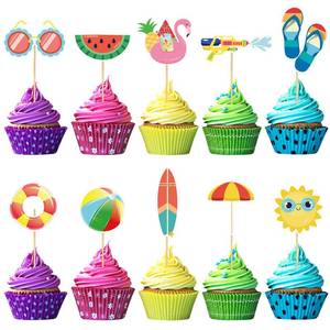 lot 8007 image: Abilat 100 Pcs Summer Beach Cupcake Toppers Pool Party Decorations Beach Balls Sun Watermelon Sunglasses Slippers Hawaiian Cupcake Picks Tropical Luau Birthday Party Cake Decoration Supplies