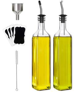 lot 8013 image: Leaflai Olive Oil Dispenser Bottle, 2 Pcs Glass Olive Oil Dispenser and Vinegar Dispenser Set with 2 Stainless Steel Pourers, 4 Labels,1 Brush and 1 Funnel Oil Bottles for Kitchen (500ml)