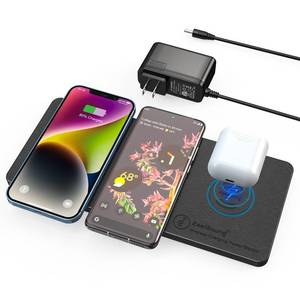 lot 8037 image: ZealSound Wireless Charging Pad, 3 in 1 Charger Mat for iPhone, Samsung Galaxy, Pixel, AirPods & Galaxy Buds, 24W Adapter Included, Ultra Slim, Case Friendly, PU Leather, for Home Office & Travel