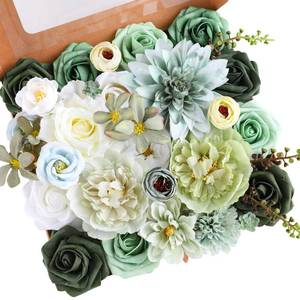 lot 8053 image: Kisflower Green Artificial Flowers Combo Cake Flowers Decorations Fake Hydrangea Dahlia Silk Roses Gift Box for DIY Wedding Bridal Bouquet Centerpieces Arrangements Party Holiday Decor (Forest Green)