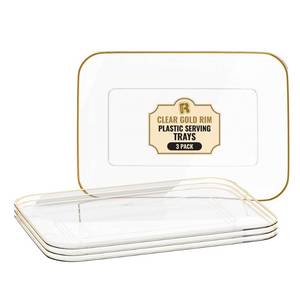 lot 8065 image: 3 Pack Plastic Serving Trays for Party - Gold Serving Tray 8 x 11 Inch - Heavy Duty Dessert Trays for Food - Rectangular Party Serving Trays for Entertaining - Clear Cookie Platters