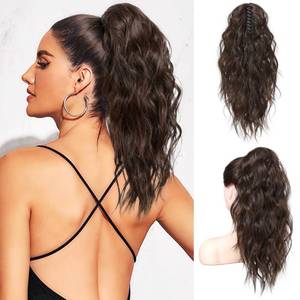 lot 8468 image: Flufymooz Ponytail Extension, 18 Inch Claw Clip Ponytail Extension, Wavy Curly Claw Clip in Ponytail Hair Extensions, Natural Fake Ponytail Synthetic Hairpiece for Women (Dark Chocolate Brown)