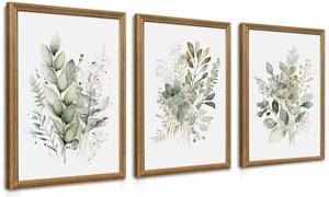 lot 9835 image: WRFON Framed Sage Green Botanical Wall Art Set of 3, Watercolor Eucalyptus & Wild Plant Canvas Prints, Minimalist Green Wall Decor for Living Room Bedroom Bathroom, 12x16 Inches